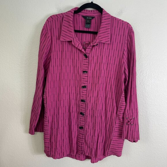 Ali Miles Womens Large Button Up Shirt Pink Black Striped Long Sleeve Top - Picture 9 of 14